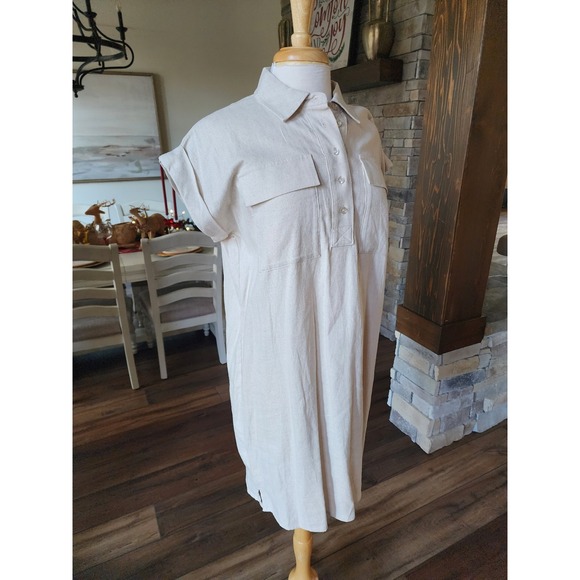 NWT Calvin Klein Linen Blend Shirt Dress Tan Size 8 Button Front Pocketed Casual - Picture 3 of 11